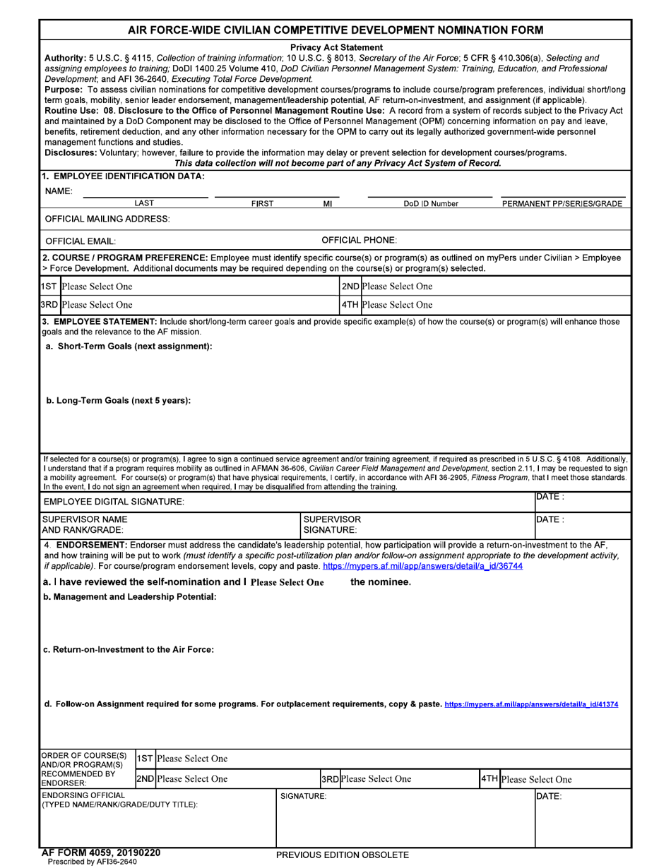 AF Form 4059 Air Force-Wide Civilian Competitive Development Nomination Form, Page 1