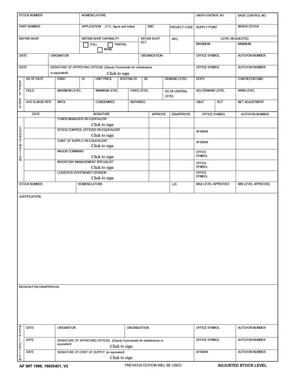 AF IMT Form 1996 Adjusted Stock Level, Page 1