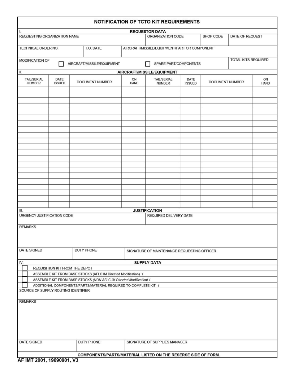 AF IMT Form 2001 Notification of Tcto Kit Requirements, Page 1