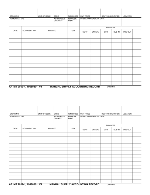 AF IMT Form 2009-1 Manual Supply Accounting Record