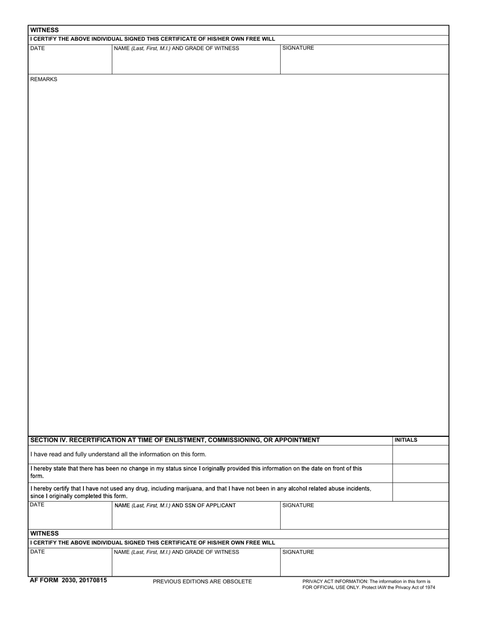 AF Form 2030 USAF Drug and Alcohol Abuse Certificate, Page 2