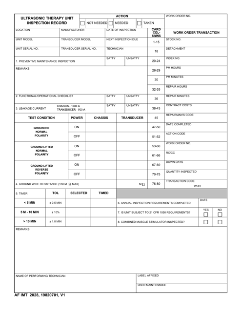 AF IMT Form 2028 Ultrasonic Therapy Unit Inspection Record
