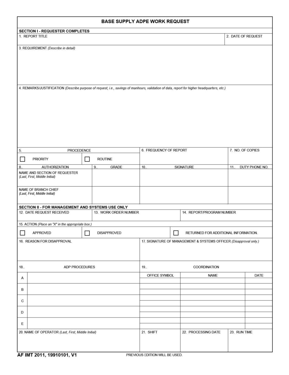 AF IMT Form 2011 Base Supply Adpe Work Request, Page 1