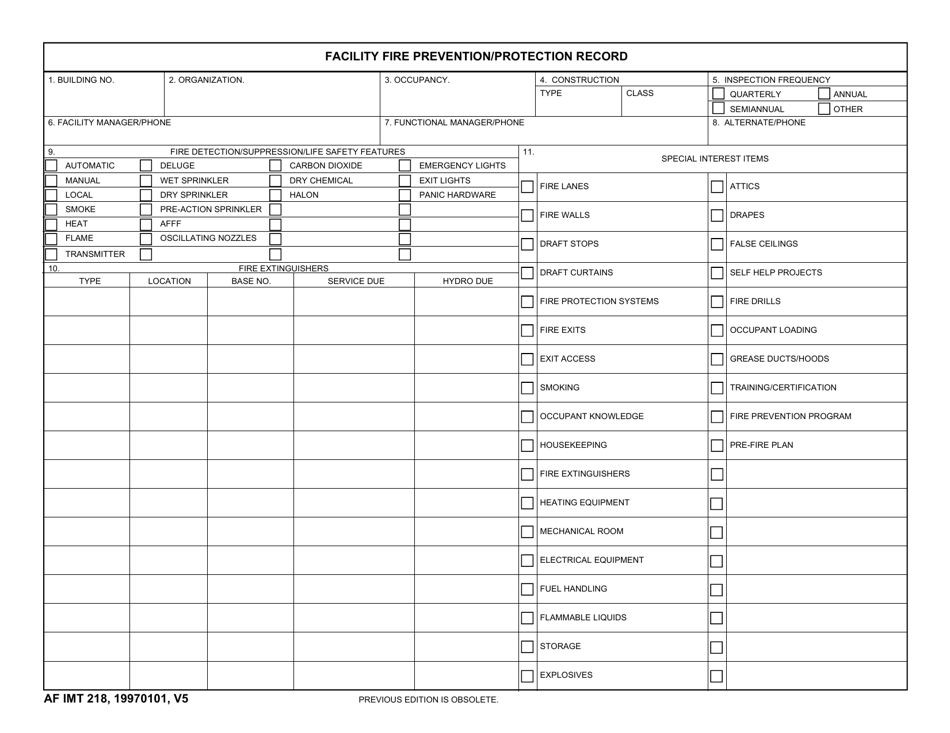 AF IMT Form 218 Facility Fire Prevention / Protection Record, Page 1