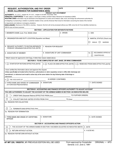 AF IMT Form 220 Request, Authorization, and Pay Order Basic Allowance for Subsistence (BAS)