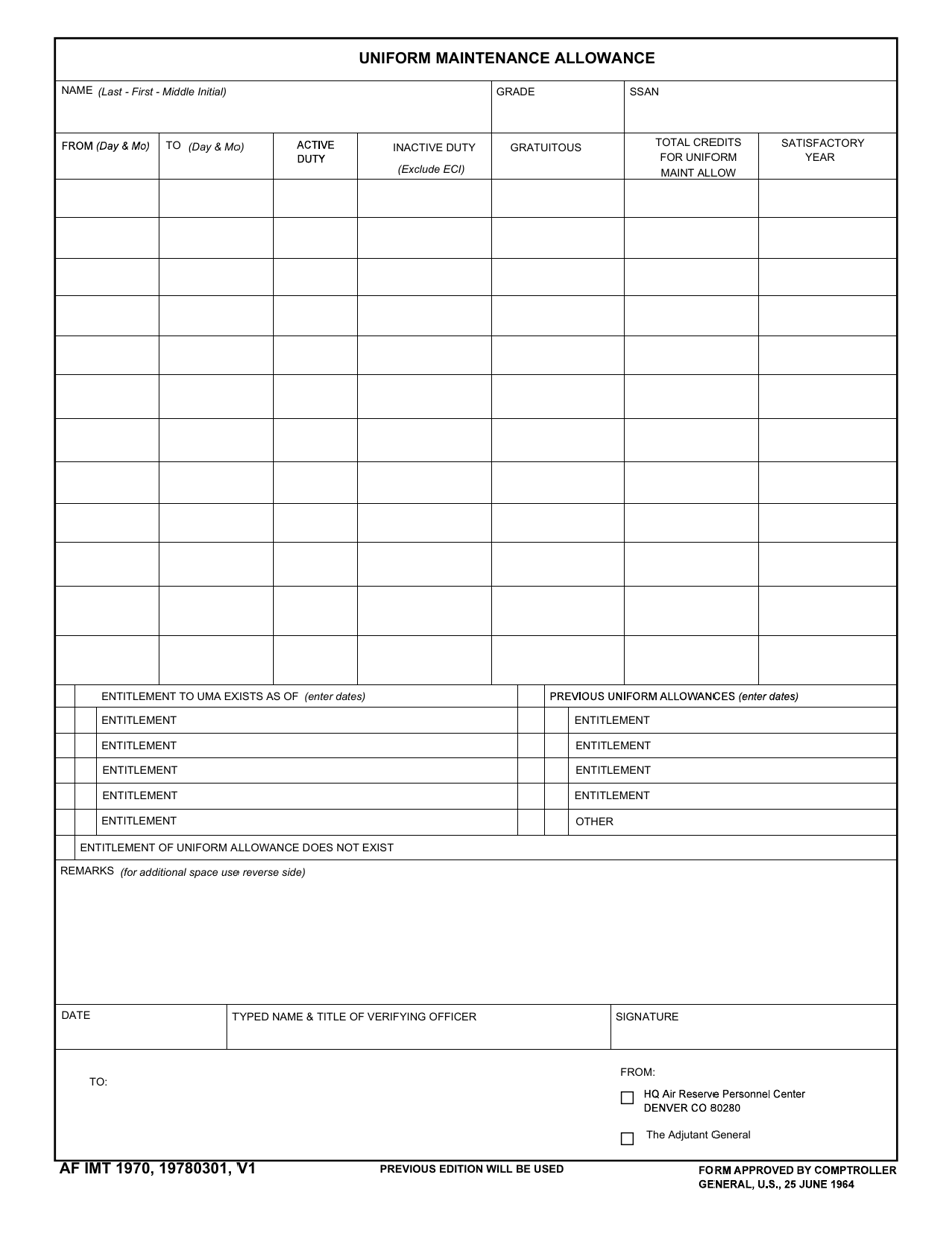 AF IMT Form 1970 Fill Out, Sign Online and Download Fillable PDF
