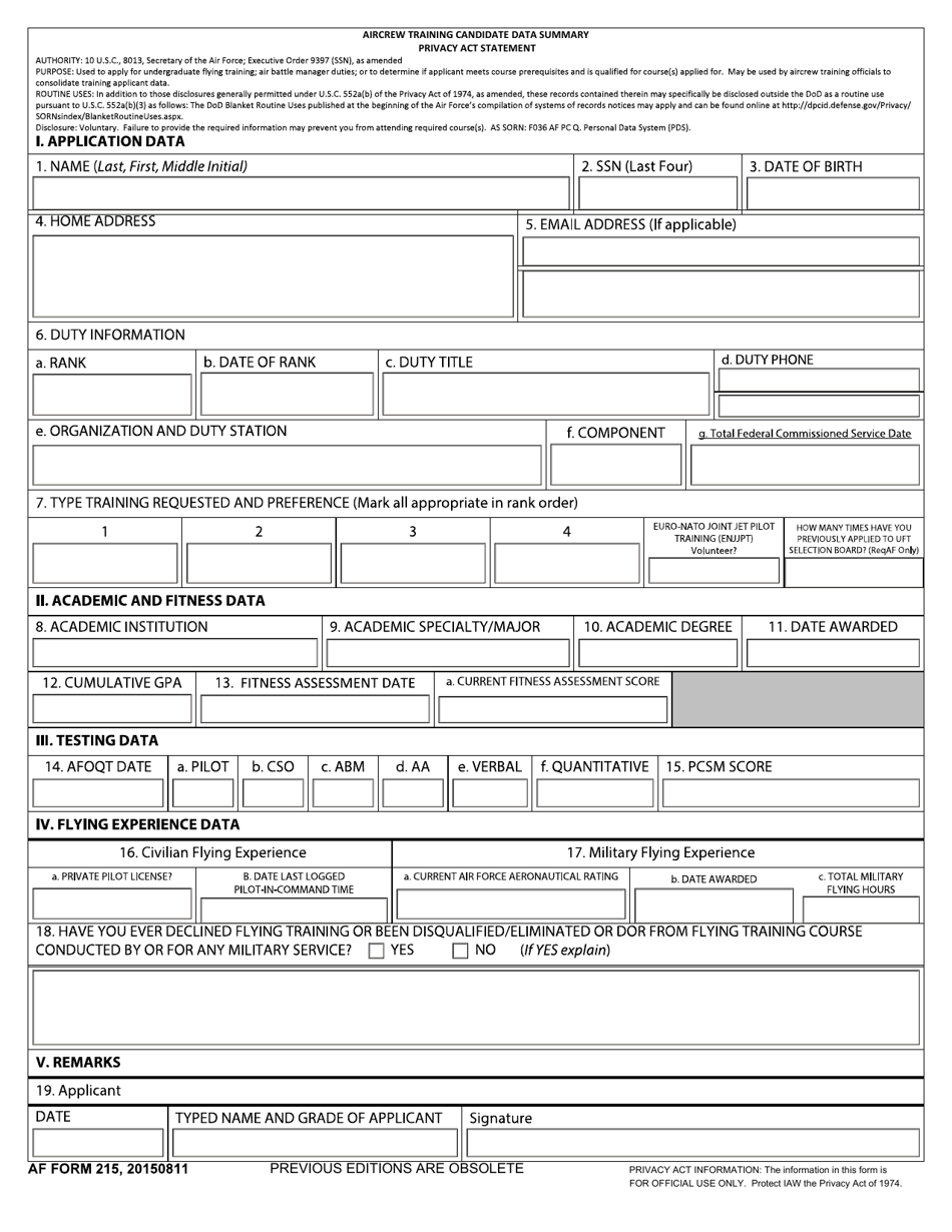 AF Form 215 Aircrew Training Candidate Data Summary - Privacy Act Statement, Page 1