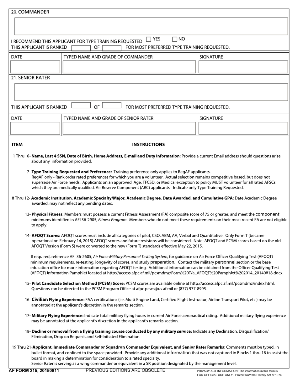AF Form 215 Aircrew Training Candidate Data Summary - Privacy Act Statement, Page 2
