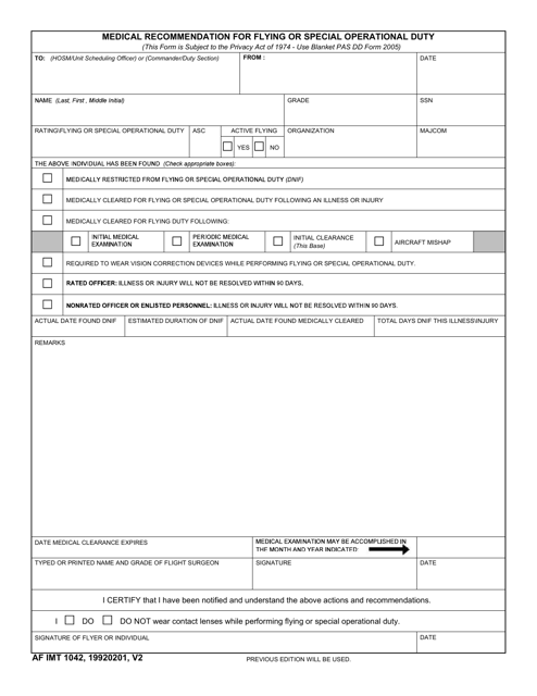 AF IMT Form 1042 Medical Recommendations for Flying or Special Operational Duty