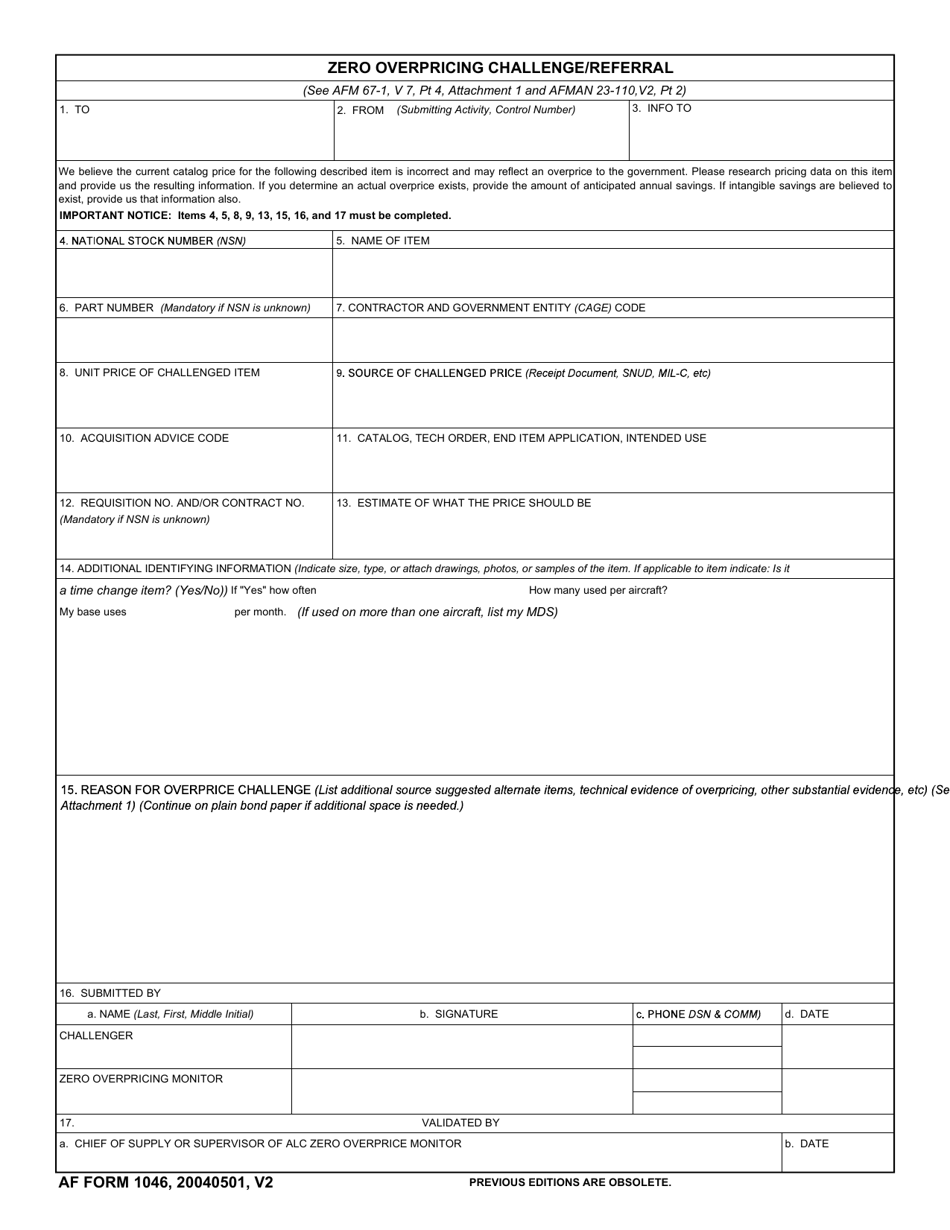 AF Form 1046 Zero Overpricing Challenge / Referral, Page 1