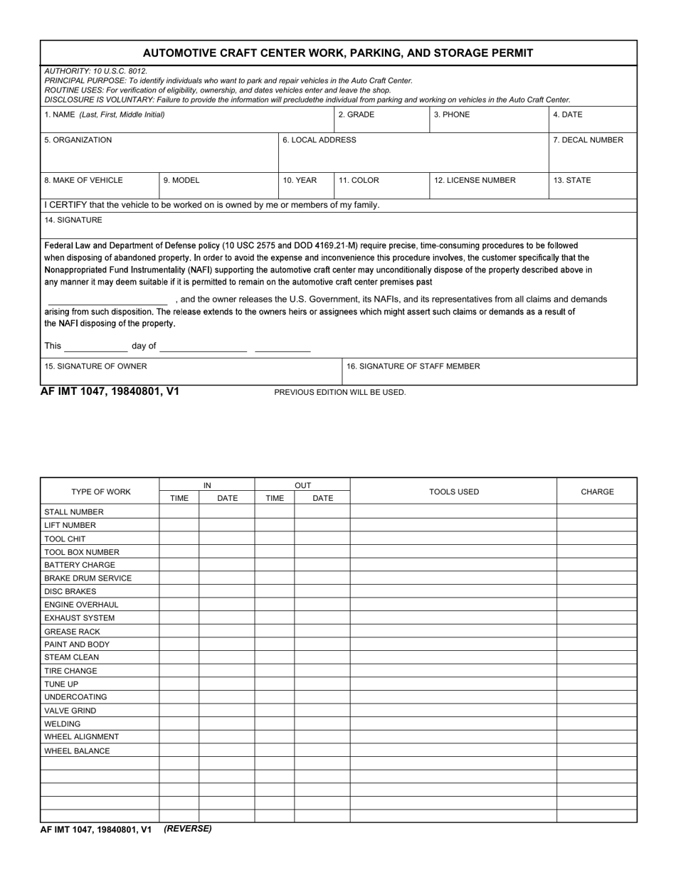 Af Imt Form 1047 - Fill Out, Sign Online And Download Fillable Pdf 