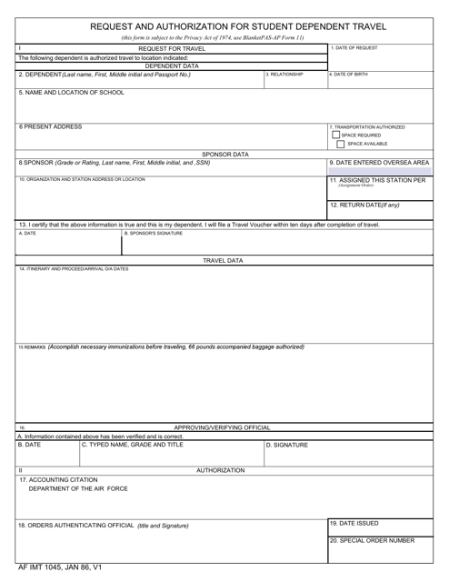 AF IMT Form 1045 Request and Authorization for Student Dependent Travel