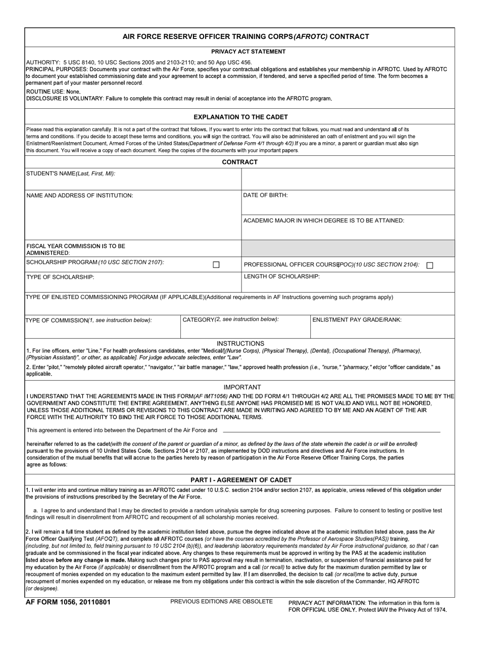 AF Form 1056 Air Force Reserve Officer Training Corps (AFROTC) Contract, Page 1