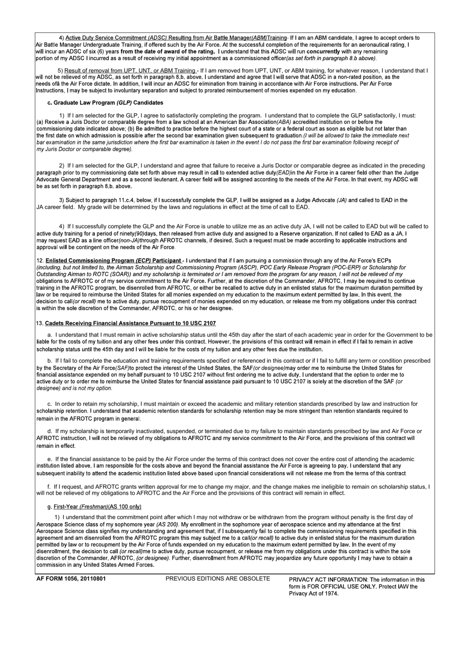 AF Form 1056 Air Force Reserve Officer Training Corps (AFROTC) Contract, Page 4