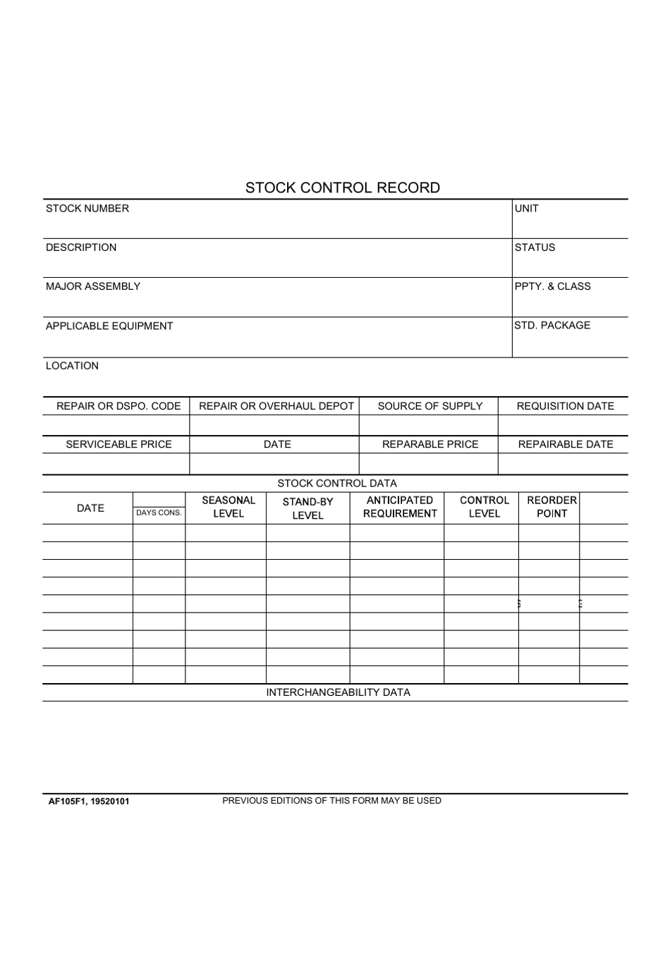 AF Form 105F1 Stock Control Record, Page 1