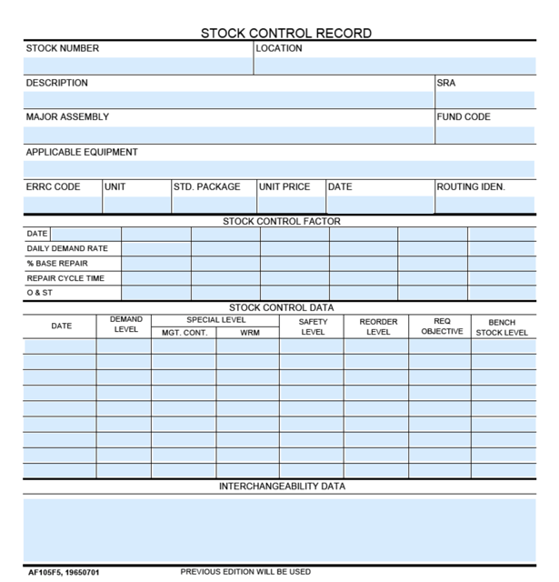 AF Form 105F5 Stock Control Record