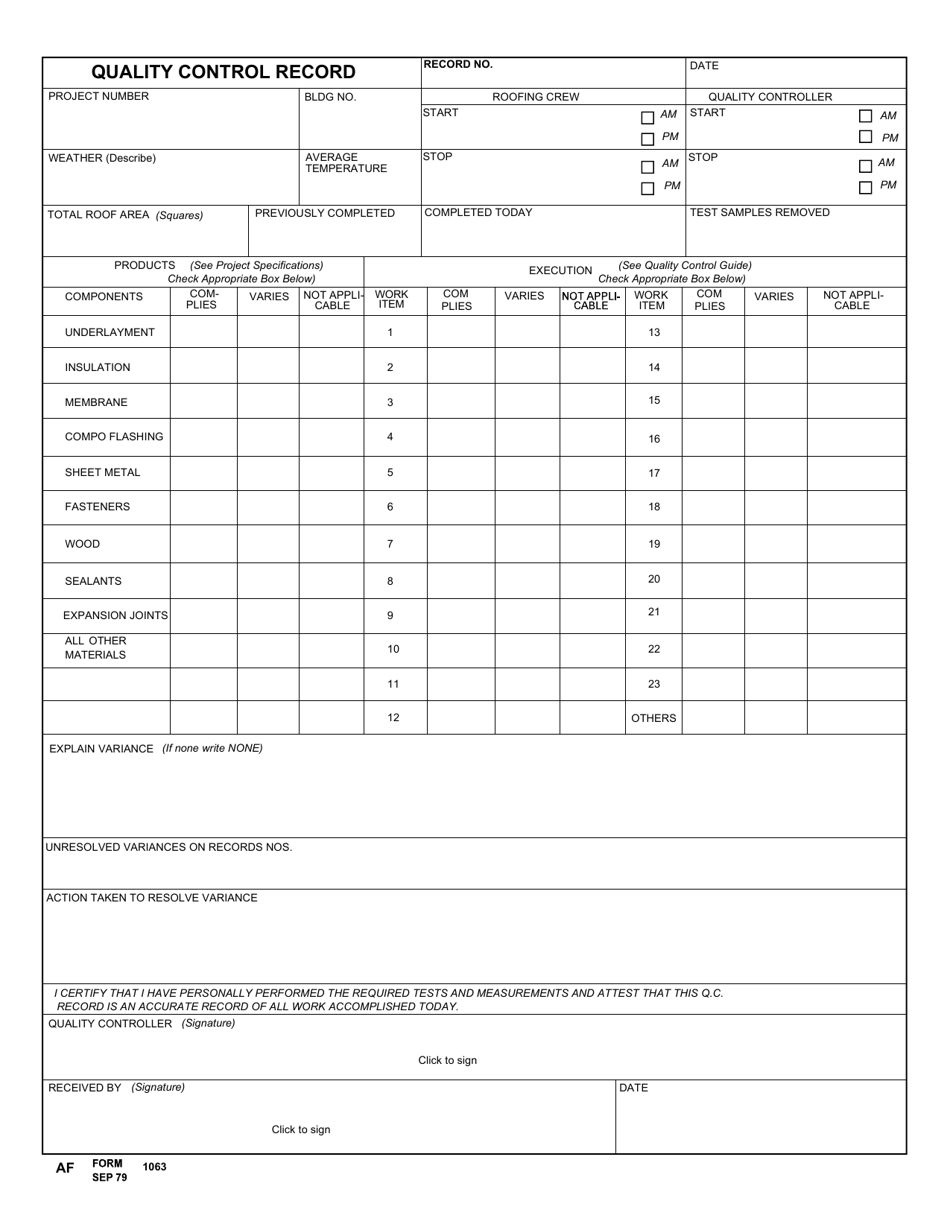 AF Form 1063 Quality Control Record, Page 1