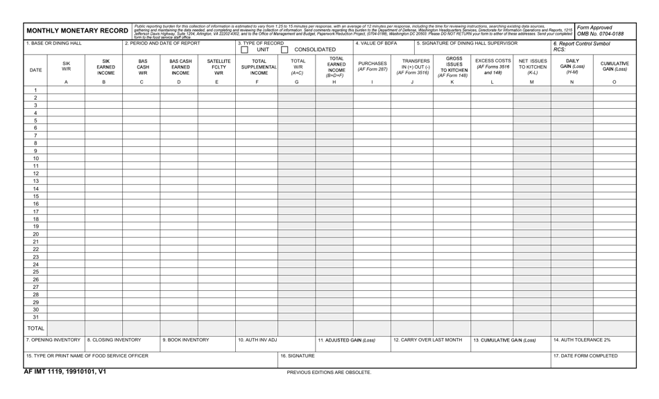 AF IMT Form 1119 Monthly Monetary Records, Page 1