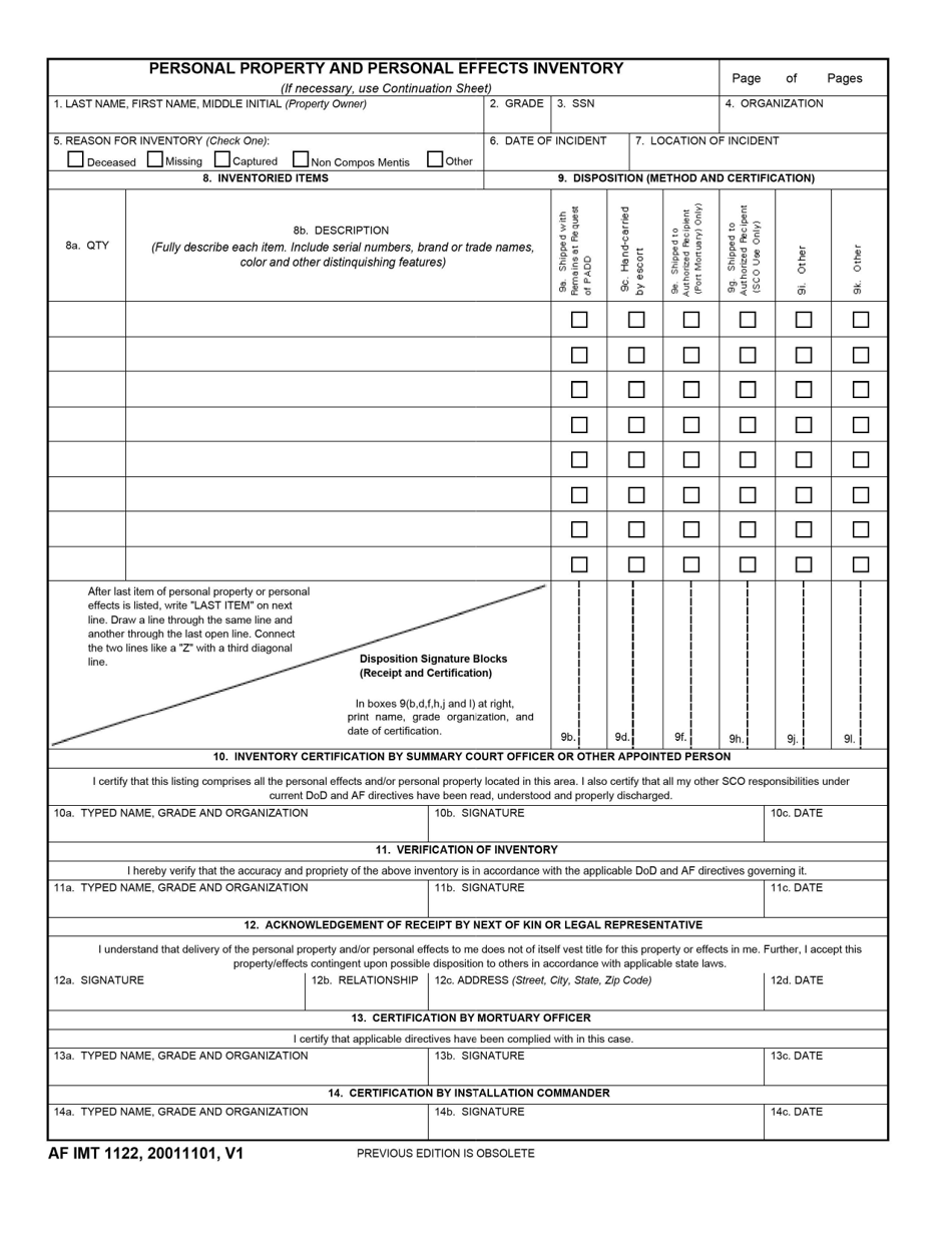 AF IMT Form 1122 Personal Property and Personal Effects Inventory, Page 1