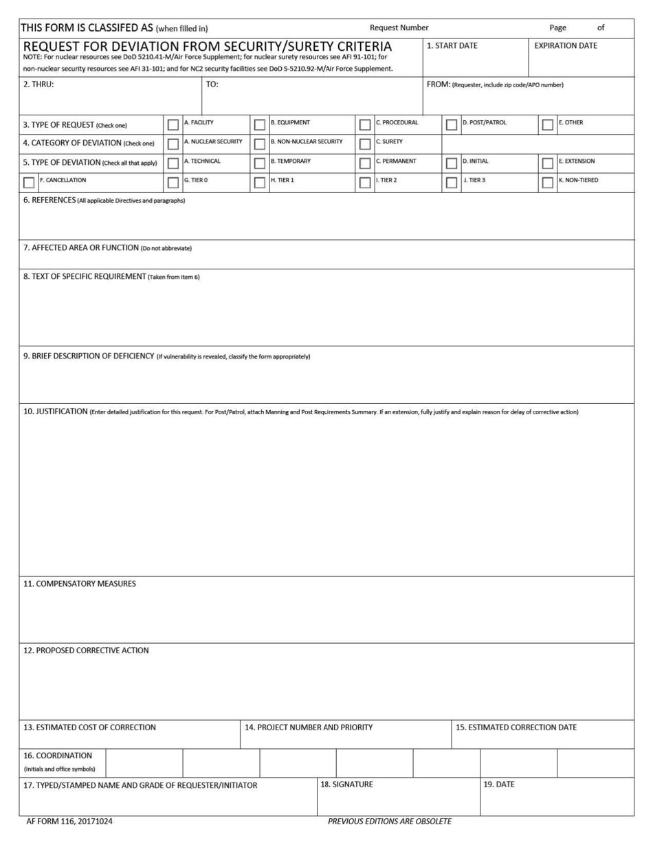 AF Form 116 Request for Deviation From Security / Surety Criteria, Page 1