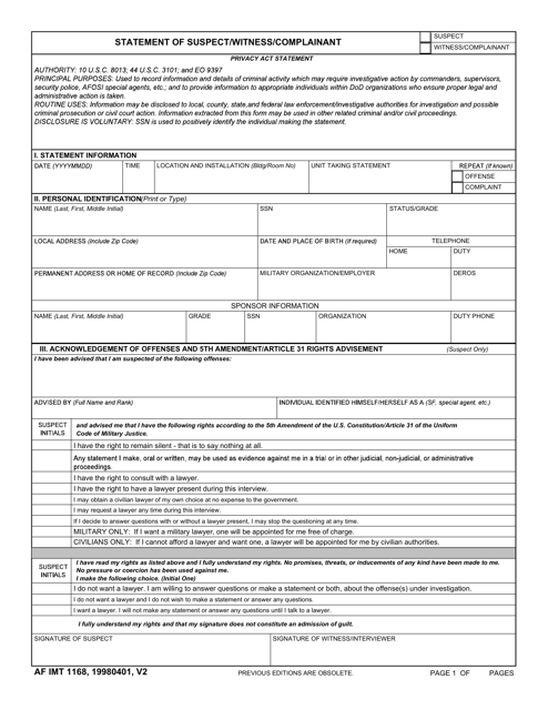 AF IMT Form 1168 Statement of Suspect/Witness/Complainant