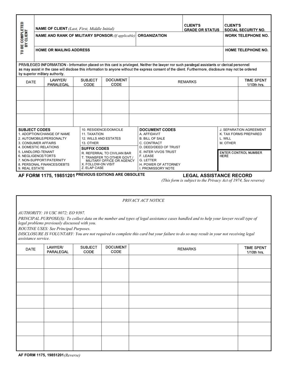 AF Form 1175 Legal Assistance Record, Page 1