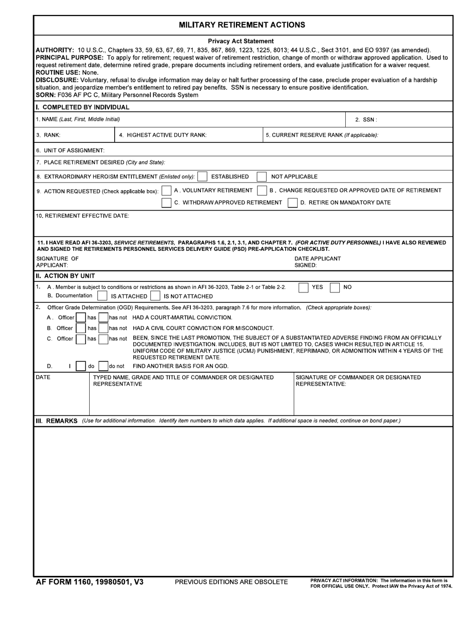 AF Form 1160 Military Retirement Actions, Page 1