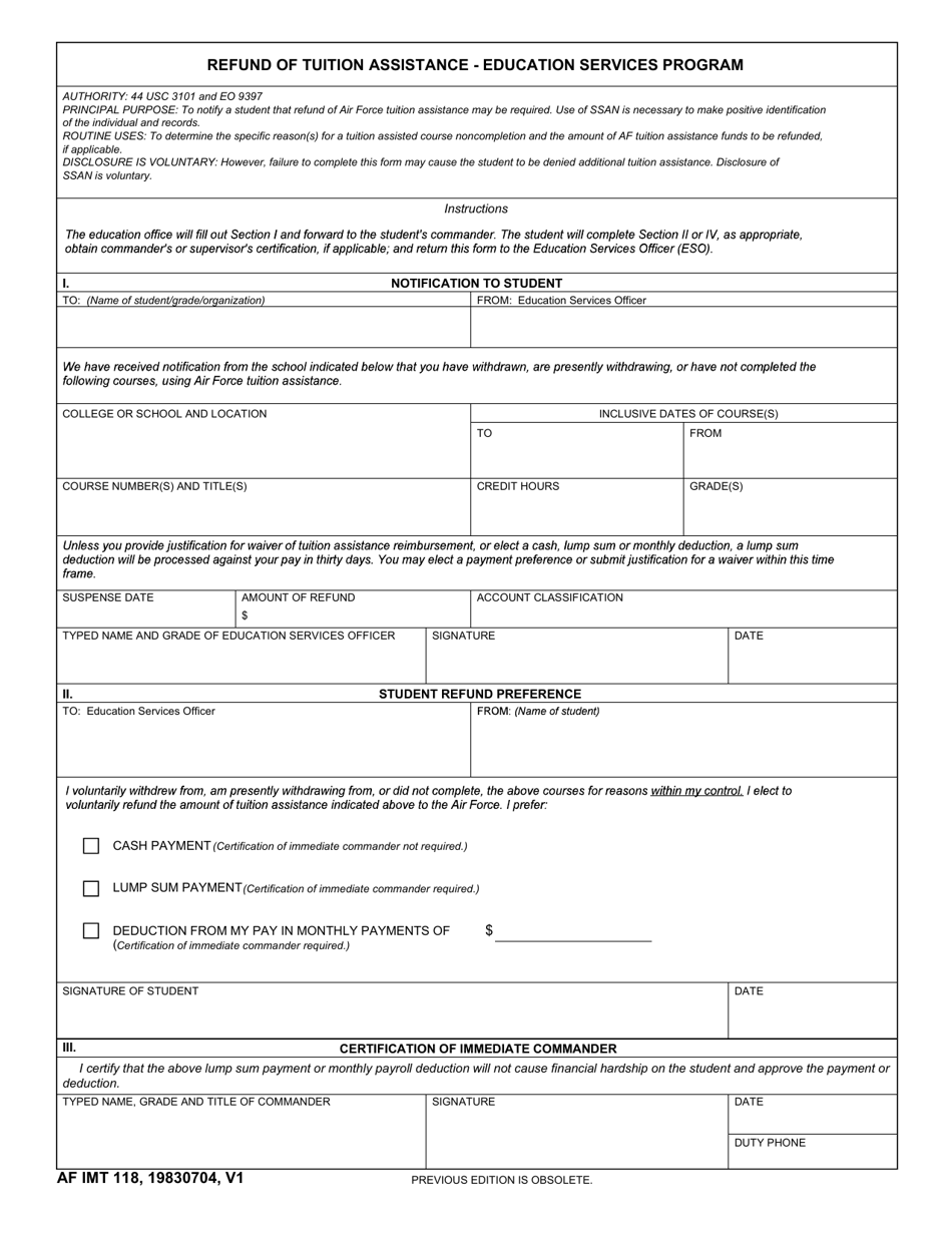 AF IMT Form 118 Refund of Tuition Assistance Education Services Program, Page 1