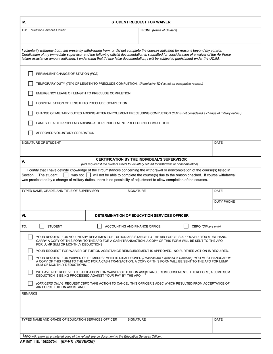 AF IMT Form 118 Refund of Tuition Assistance Education Services Program, Page 2