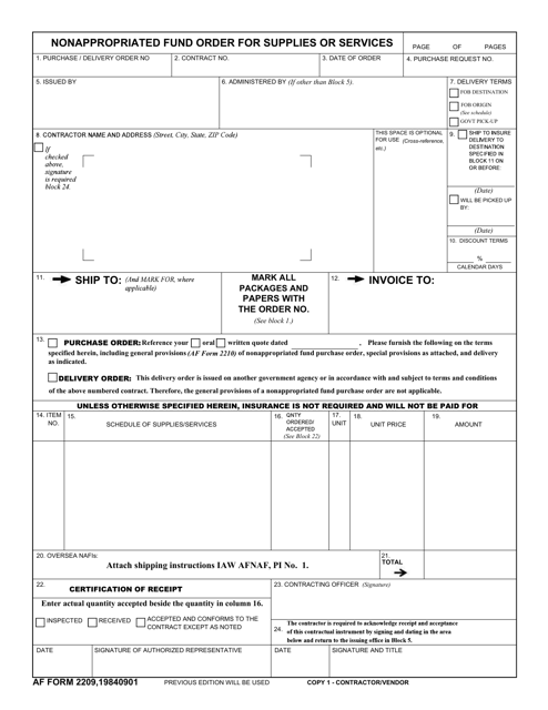 AF Form 2209 Nonappropriated Fund Order for Supplies or Services