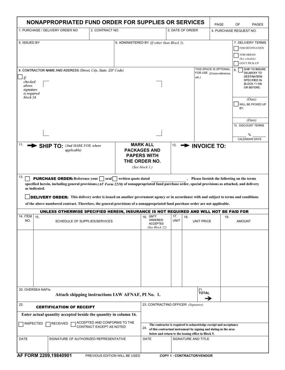 AF Form 2209 Nonappropriated Fund Order for Supplies or Services, Page 1