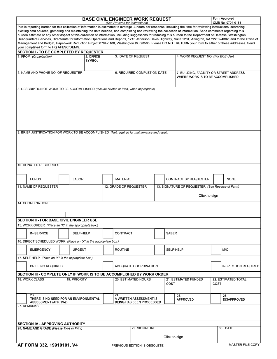AF Form 332 Base Civil Engineer Work Request, Page 1