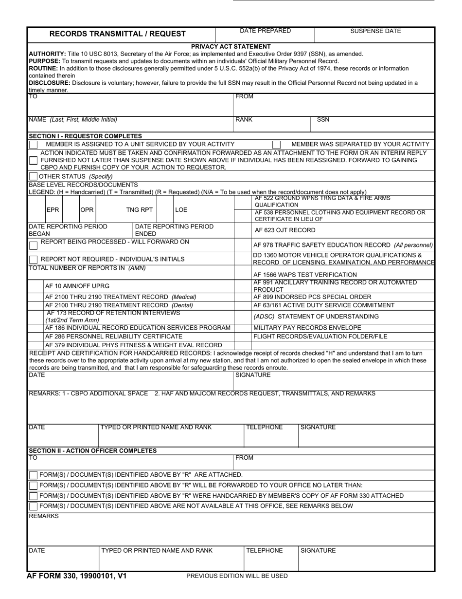 AF Form 330 Records Transmittal / Request, Page 1