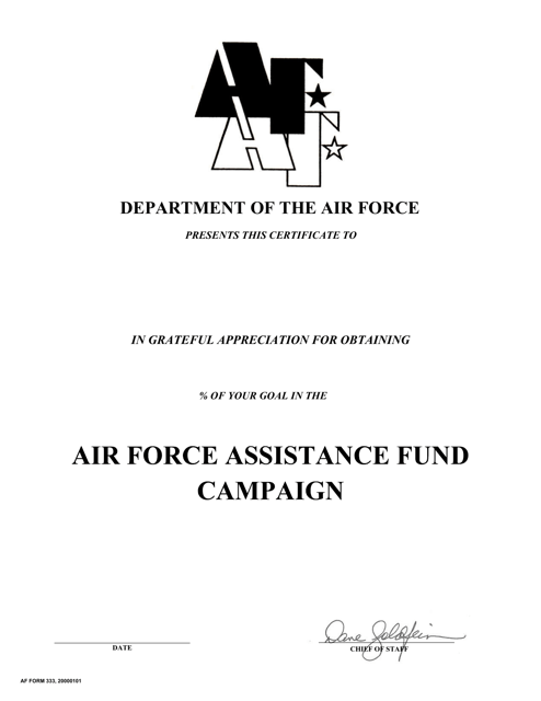 AF Form 333 Air Force Assistance Fund Campaign Recognition Certificate