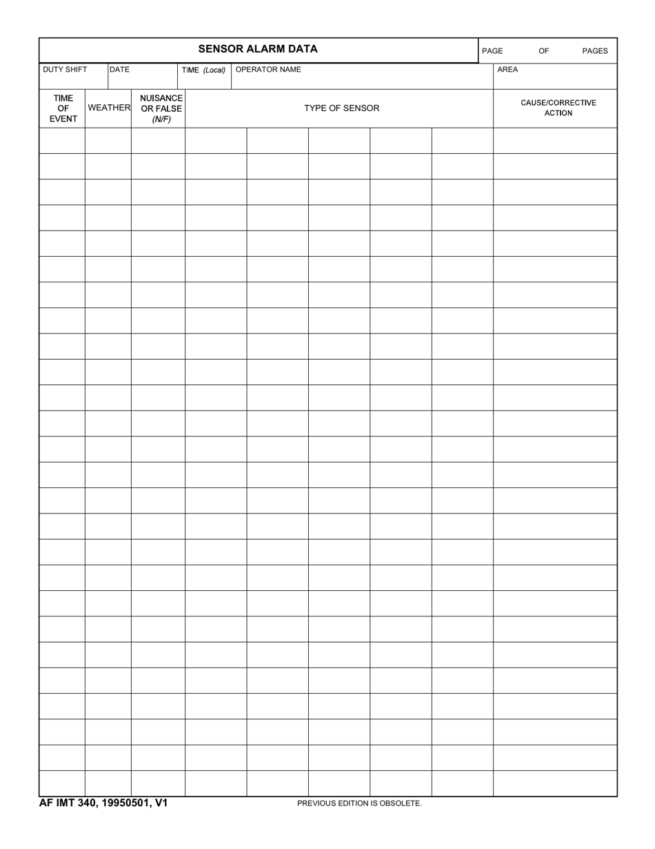 AF IMT Form 340 Sensor Alarm Data, Page 1