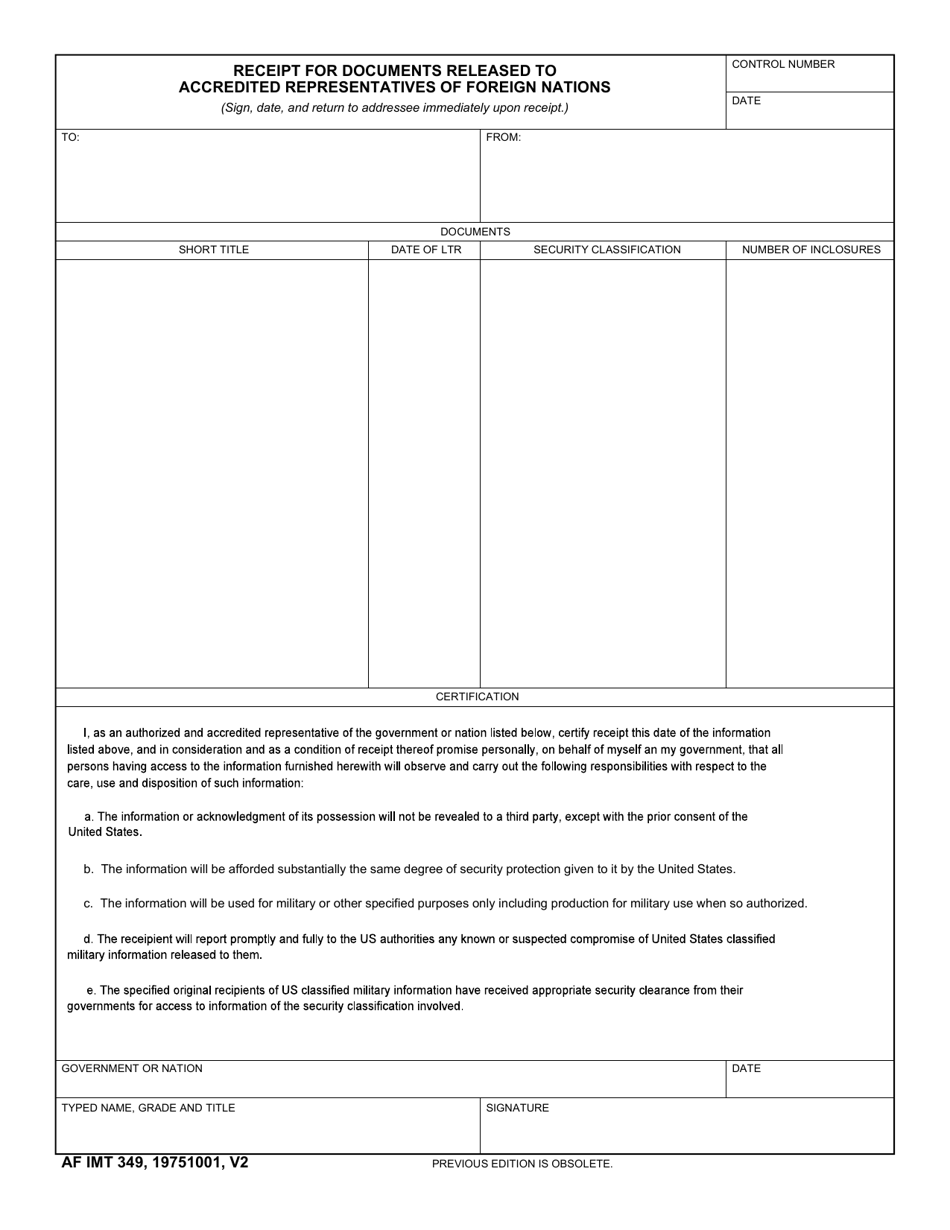 AF IMT Form 349 Receipt for Documents Released to Accredited Representatives of Foreign Nations, Page 1