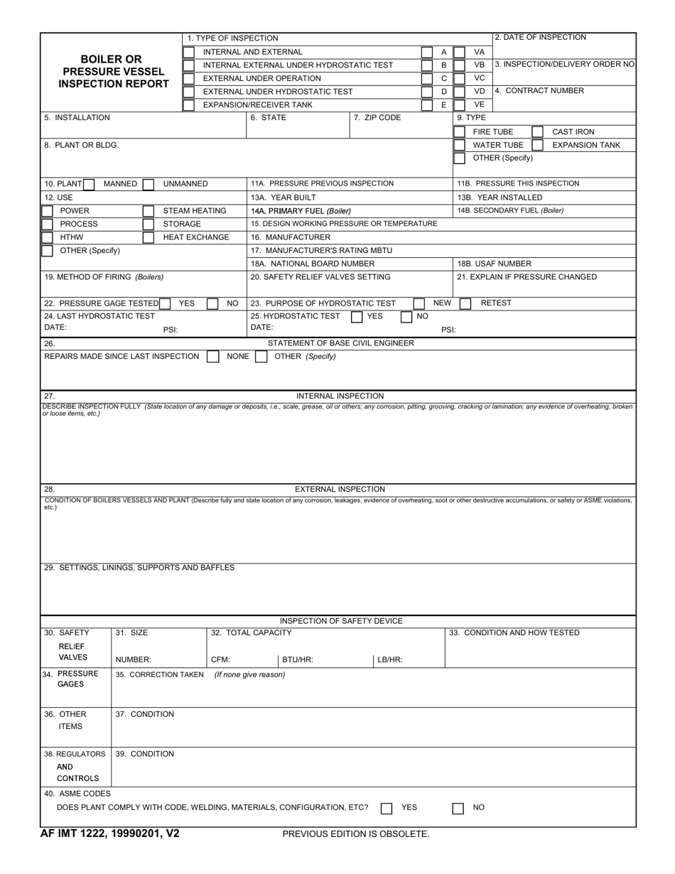 AF IMT Form 22 Download Fillable PDF or Fill Online Boiler or Inside Hydrostatic Pressure Test Report Template