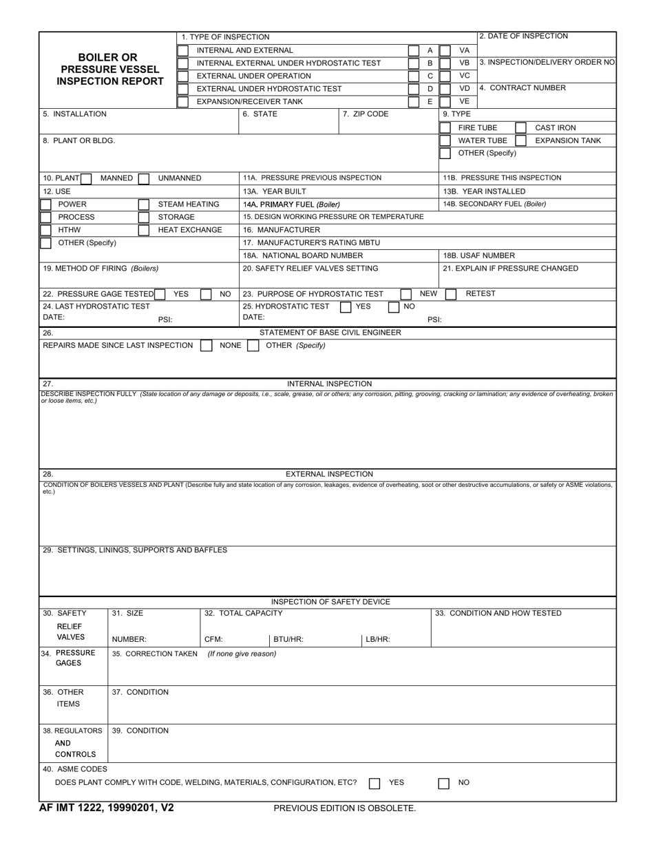 AF IMT Form 1222 Boiler or Pressure Vessel Inspection Report, Page 1