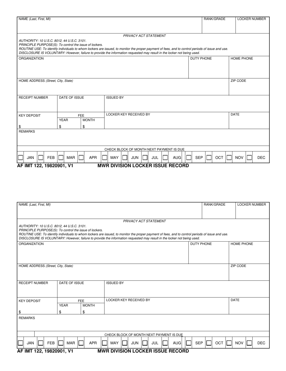 AF IMT Form 122 MWR Division Locker Issue Record, Page 1