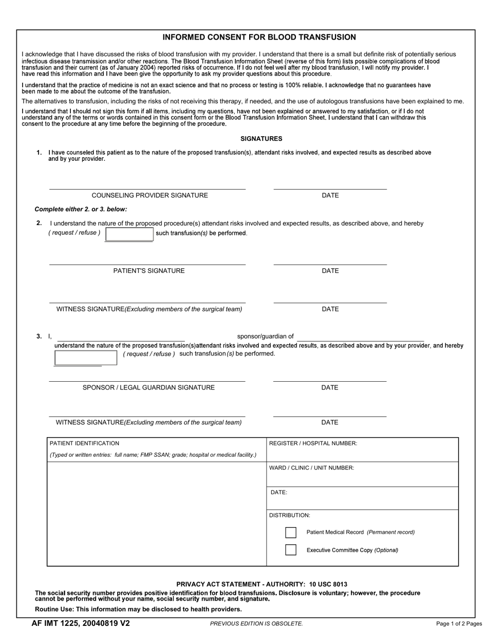 AF IMT Form 1225 Informed Consent for Blood Transfusion, Page 1