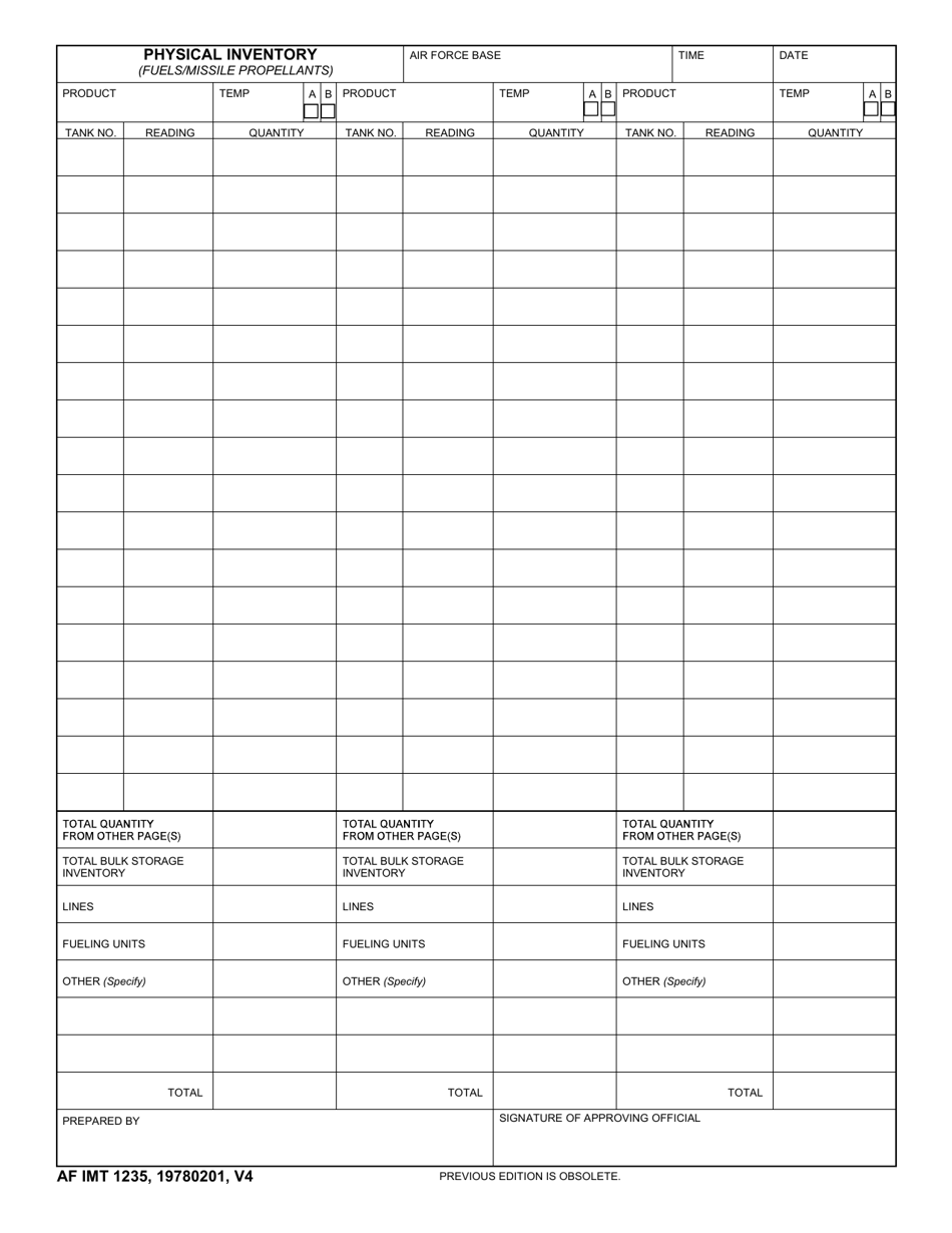 AF IMT Form 1235 Physical Inventory (Fuels / Missile Propellants), Page 1
