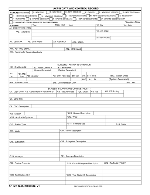 AF IMT Form 1243 Acpin Data and Control Record