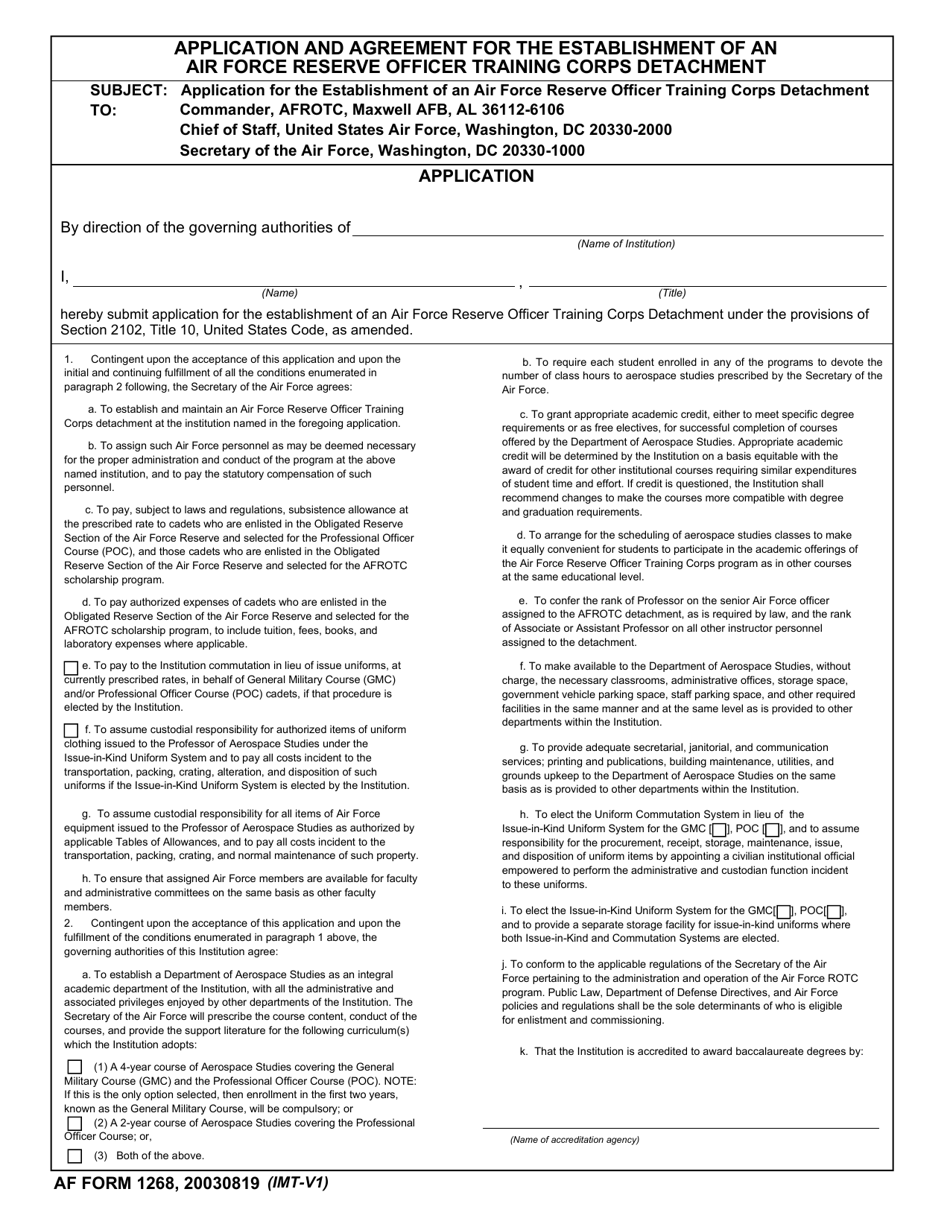 AF Form 1268 Application and Agreement for the Establishment of an Air Force Reserve Officer Training Corps Detachment, Page 1