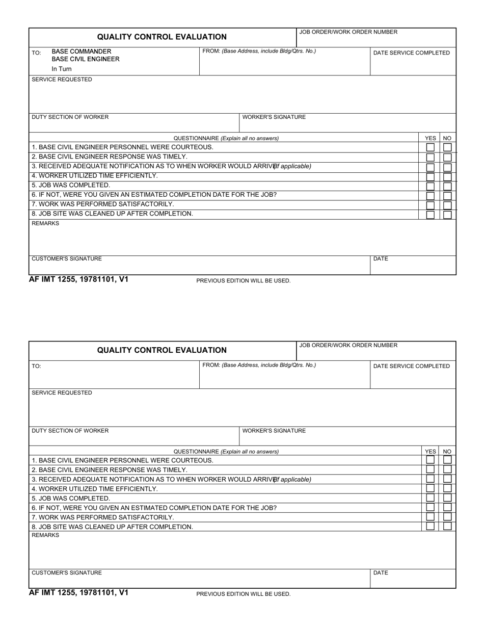 AF IMT Form 1255 Quality Control Evaluation, Page 1