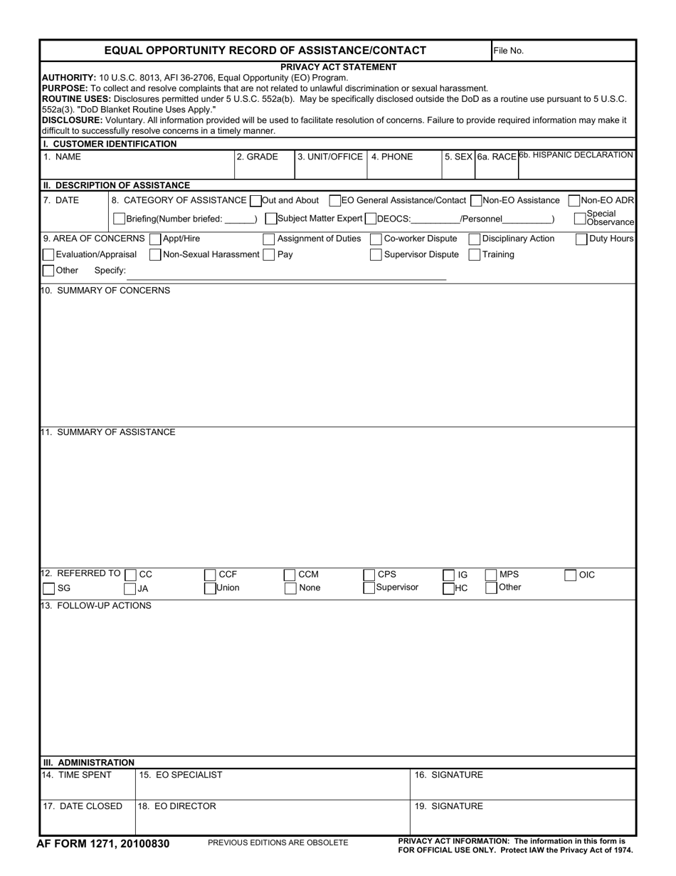 AF Form 1271 Equal Opportunity Record of Assistance / Contact, Page 1