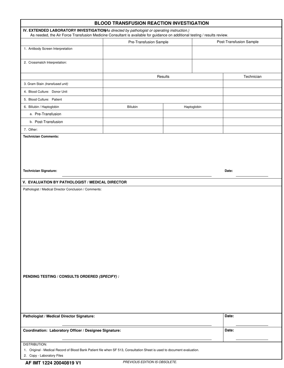AF IMT Form 1224 Blood Transfusion Reaction Investigatio, Page 2