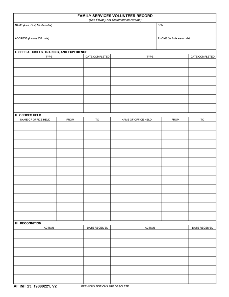 AF IMT Form 23 Family Service Volunteer Record, Page 1