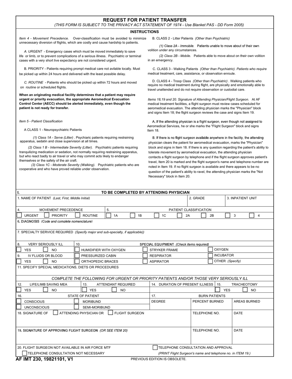 AF IMT Form 230 Request for Patient Transfer, Page 1