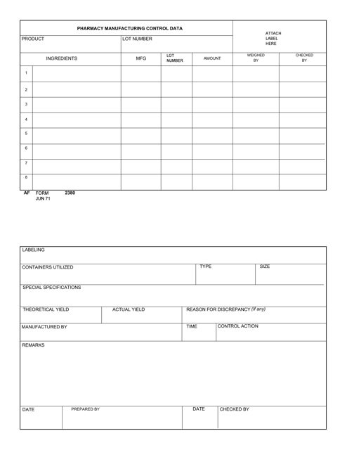 AF Form 2380 Pharmacy Manufacturing Control Data