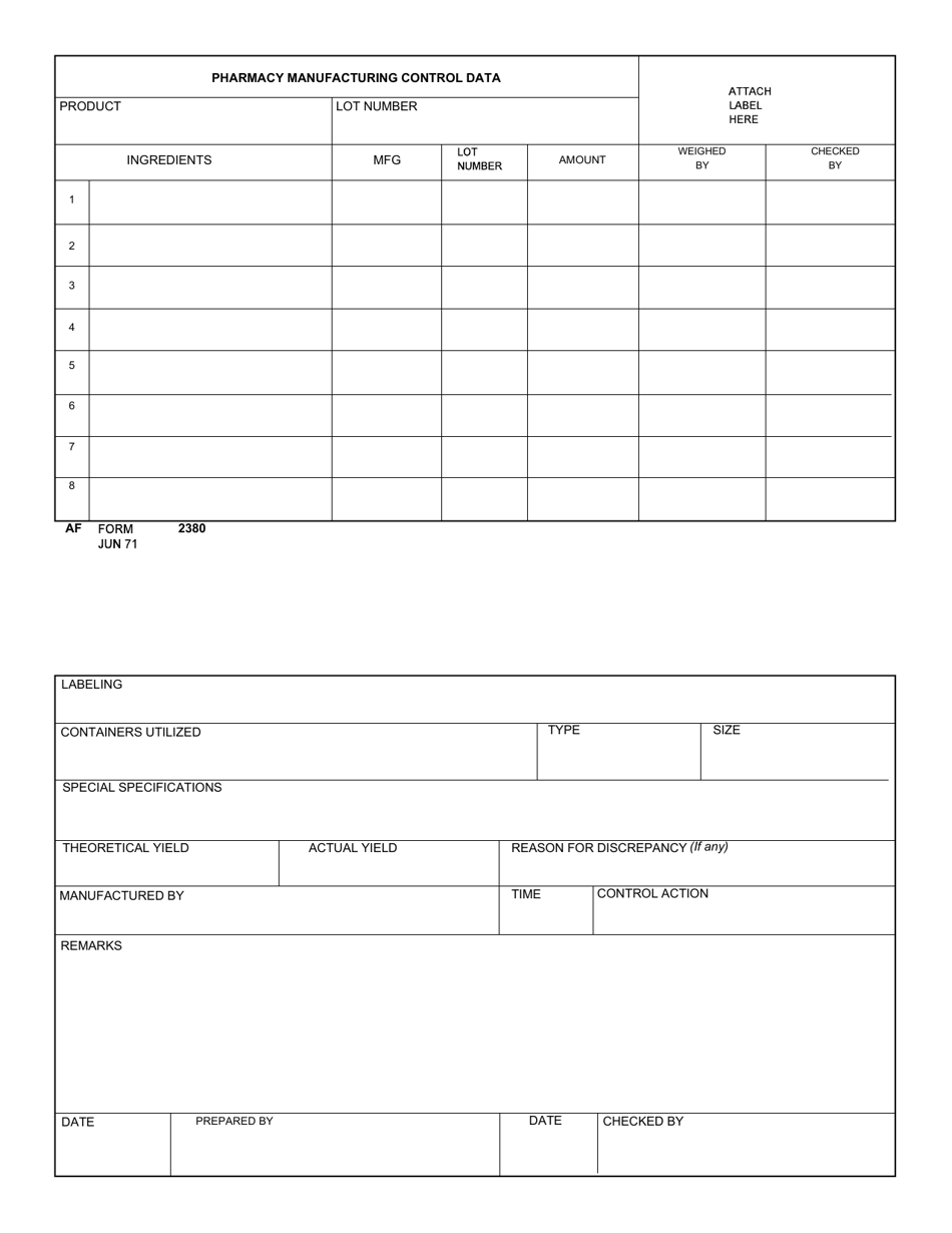 AF Form 2380 Pharmacy Manufacturing Control Data, Page 1